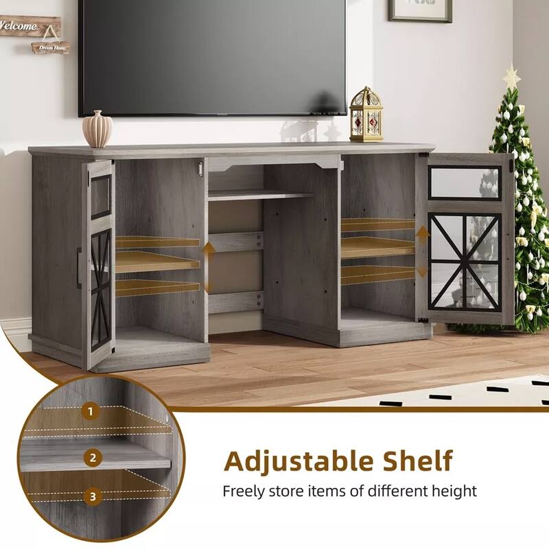 Rustic TV Stand for 32 to 65 In TVs with Storage 3-Sided Glass Grey - 58 inches