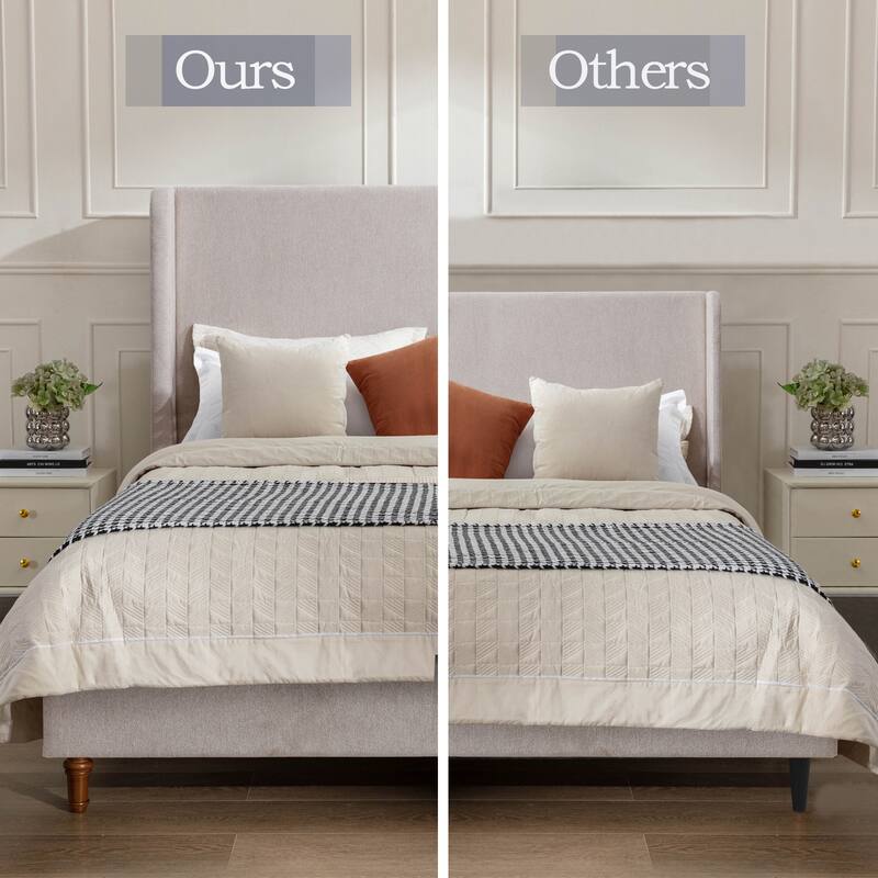 Queen Size Upholstered Wingback Bed with 54" Headboard, Textured Ivory Canvas, Elegant Design
