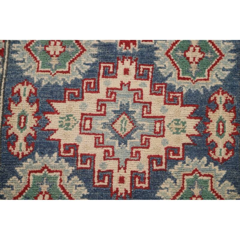 Geometric Kazak Runner Rug Hand-Knotted Blue Wool Carpet - 2'6" x 12'8"