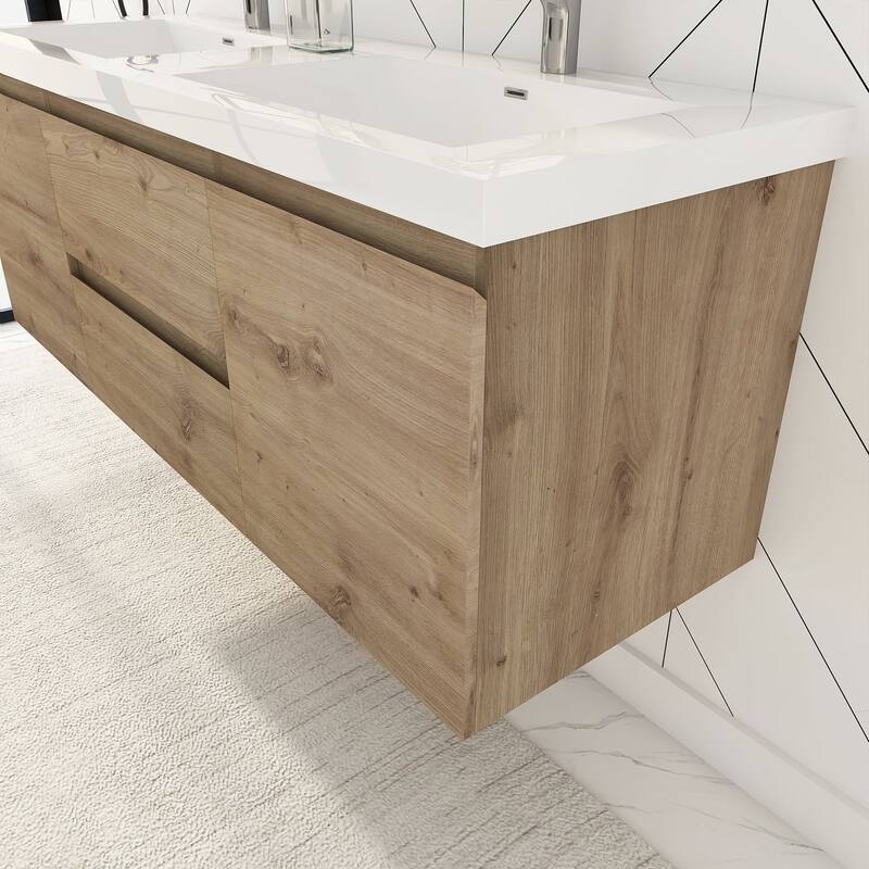 MDF Wall-Mounted Bathroom Vanity Set in Oak with Integrated Culture Marble Sink