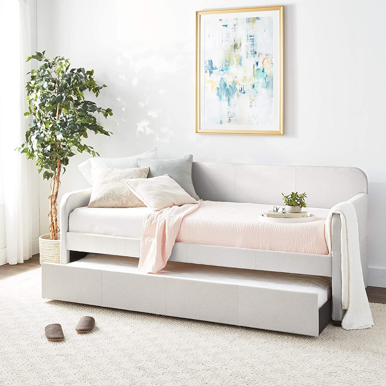 Contemporary Slat Twin Foldable Trundle Bed MDF Panel Daybed