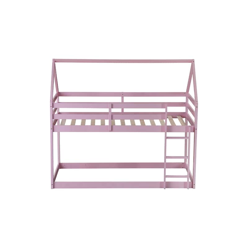 Twin over Twin Rubber Wood Floor Bunk Bed, with ladder,Guardrails,House-Shaped-Bunk Bed