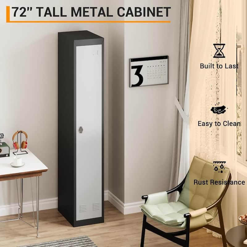 Single Tall Steel Storage Cabinet with Locker for Office, School, Home - N/A