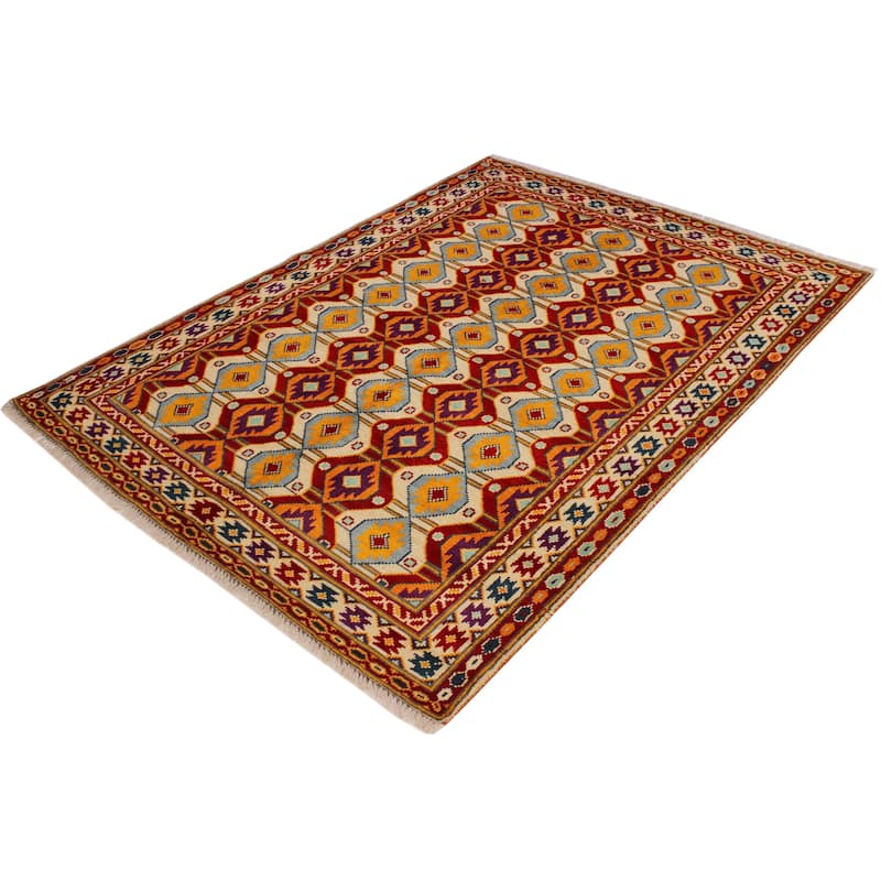 Bohemian Balochi Cannon Beige/Red Hand Knotted Wool Rug - 5'0'' x 6'8''