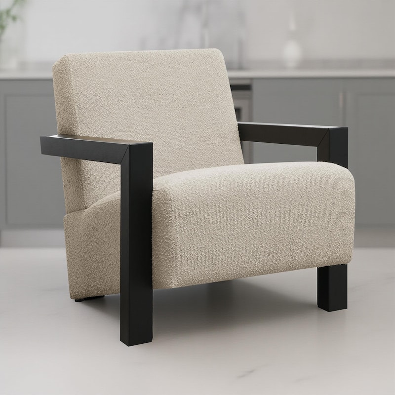 Fitz Accent Chair, Soft Latte Beige Boucle Cushions, Black Wood Arms