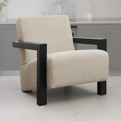 Fitz Accent Chair, Soft Latte Beige Boucle Cushions, Black Wood Arms