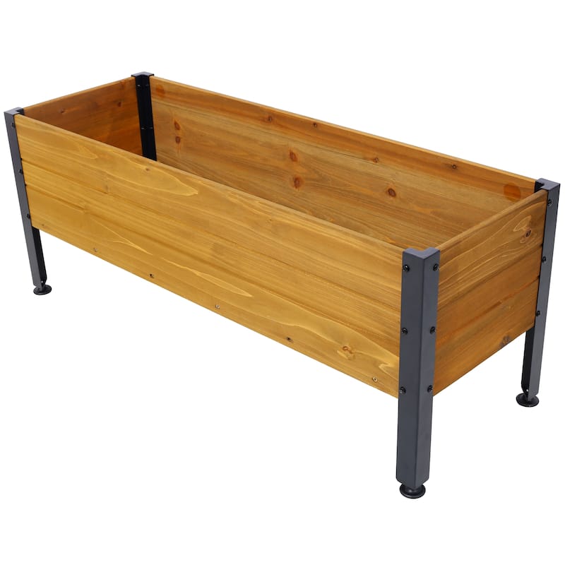 Anmytek Elevated Wooden Planter Box with Metal Legs, Weather Resistant Natural Wood, Adjustable Feet,Raised Garden Bed for Patio