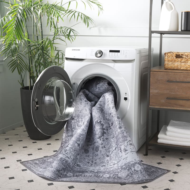 SAFAVIEH Tucson Machine Washable Slip Resistant Iris Oriental Medallion - 8' x 10' - Dark Grey/Grey - Rectangle