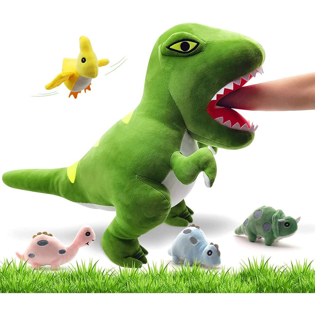 Dinosaur Stuffed Animals, Soft Plush Toys with 4 Pieces Cute Fluffy Baby Dinosaur Inside Its Zippered Tummy