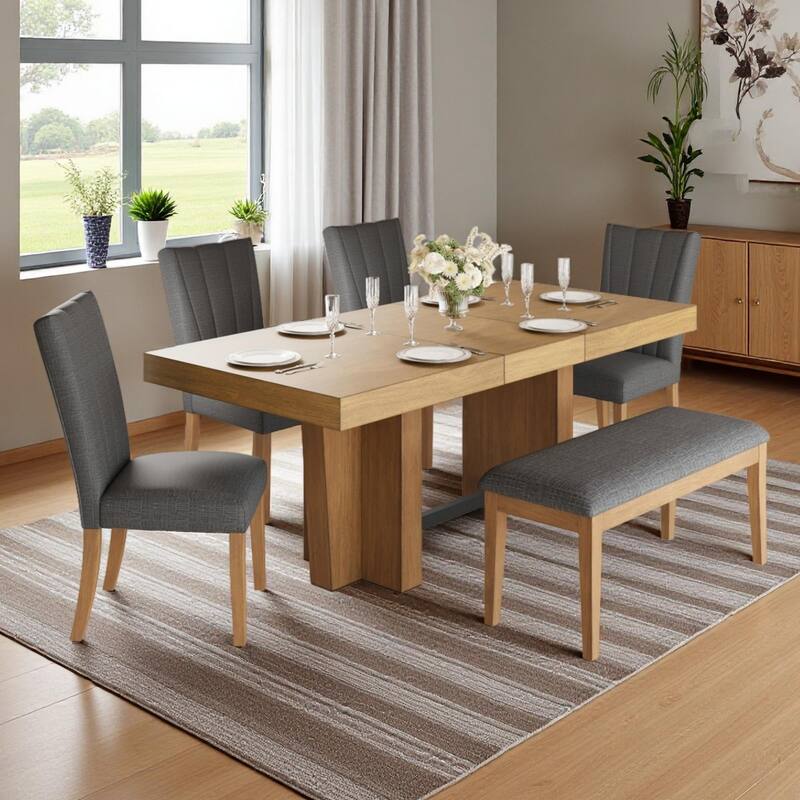 6-Piece Farmhouse Extendable Dining Set with 78" Solid Rubber Wood Table, 4 Padded Linen Chairs & Upholstered Bench