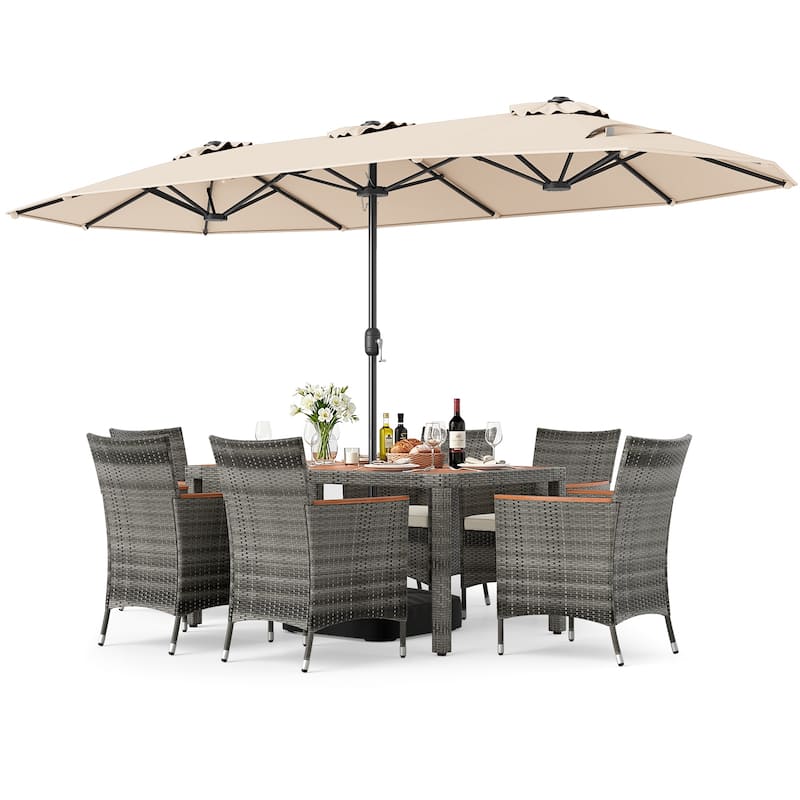 Gymax 8-Piece Patio Dining Set w/ Double-Sided Market Umbrella Acacia
