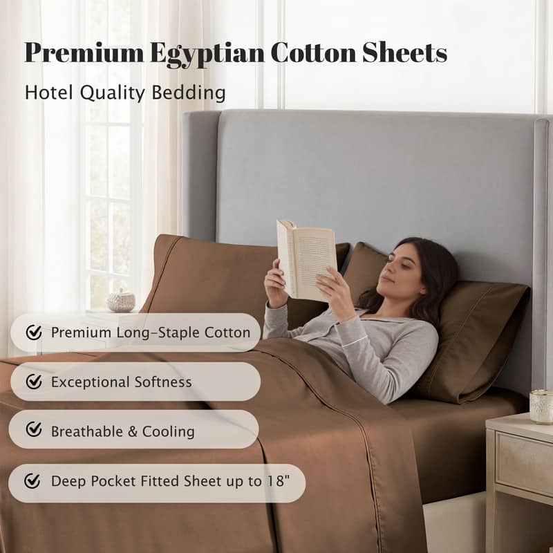 Superior Egyptian Cotton 530 TC Sheet Set Sateen Weave, Deep Pocket, Ultra‑Soft & Breathable Bedding