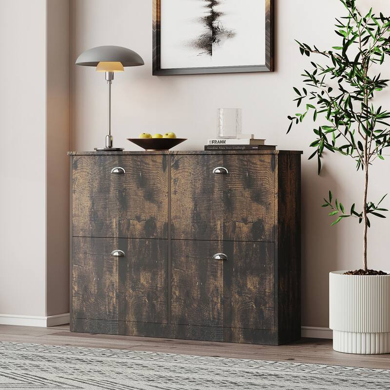 Retro Slim Narrow Shoe Cabinet with 4 Flip-Top Drawers for Entryway and Bedroom