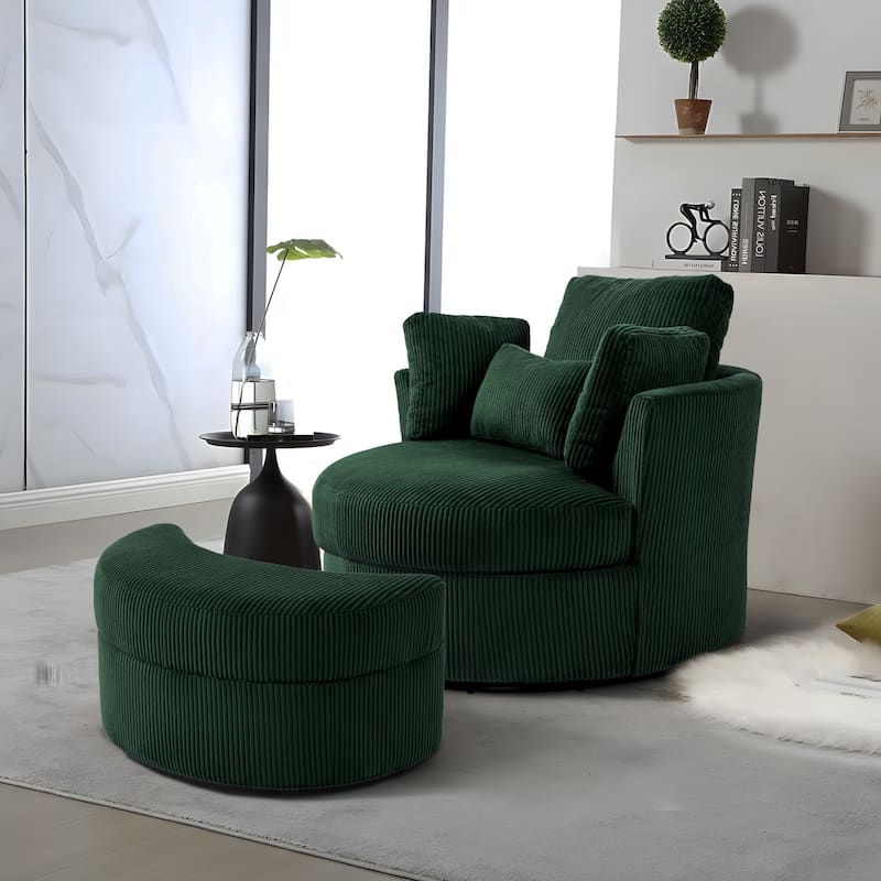 Chenille/Boucle Swivel Barrel Chair with Storage Ottoman