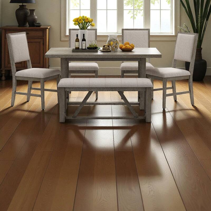 6-Piece Retro Farmhouse Dining Table Set, 60" Wood Table with 4 Upholstered Chairs and Bench for Kitchen & Dining Room