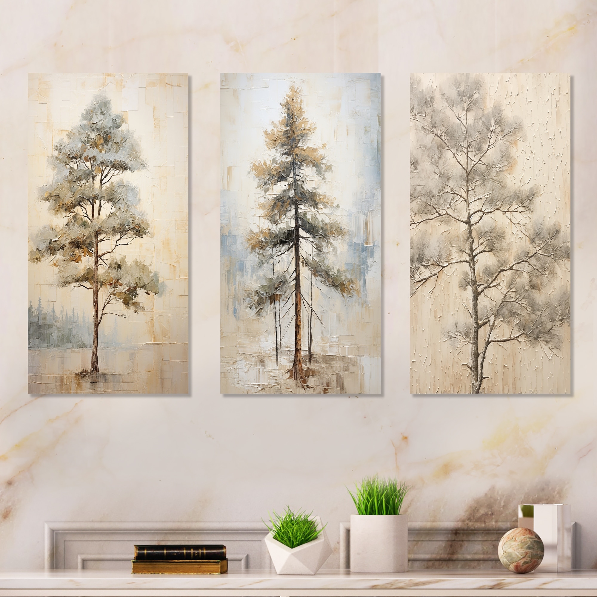 Designart - Beige Tree Pine Zen Scenery - Tree Pine Metal Wall Art Set Of 3 - Traditional Beige Metal Art 3 Pieces