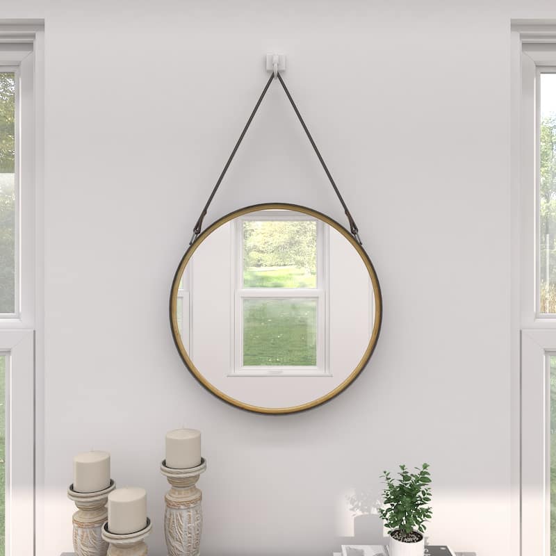 Metal Wall Mirror with Leather Strap - Gold - Roche River Decor