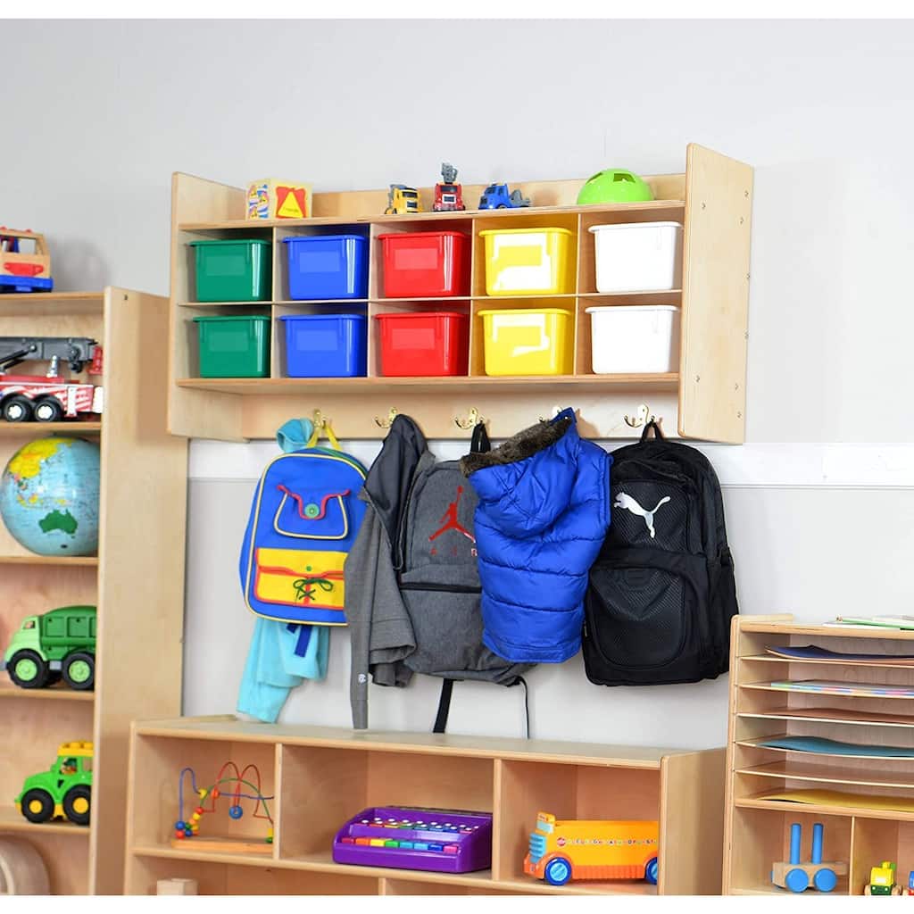 Contender 10 Section Storage Cabinet with Assorted Plastic Bins, Birch Wood Wall Mounted Storage Unit Toy Storage