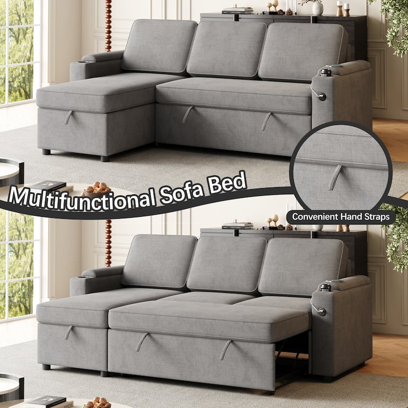 85.8-Inch Sleeper Sofa with Storage,L Shaped Sofa with Pull Out Bed and Charging Port 