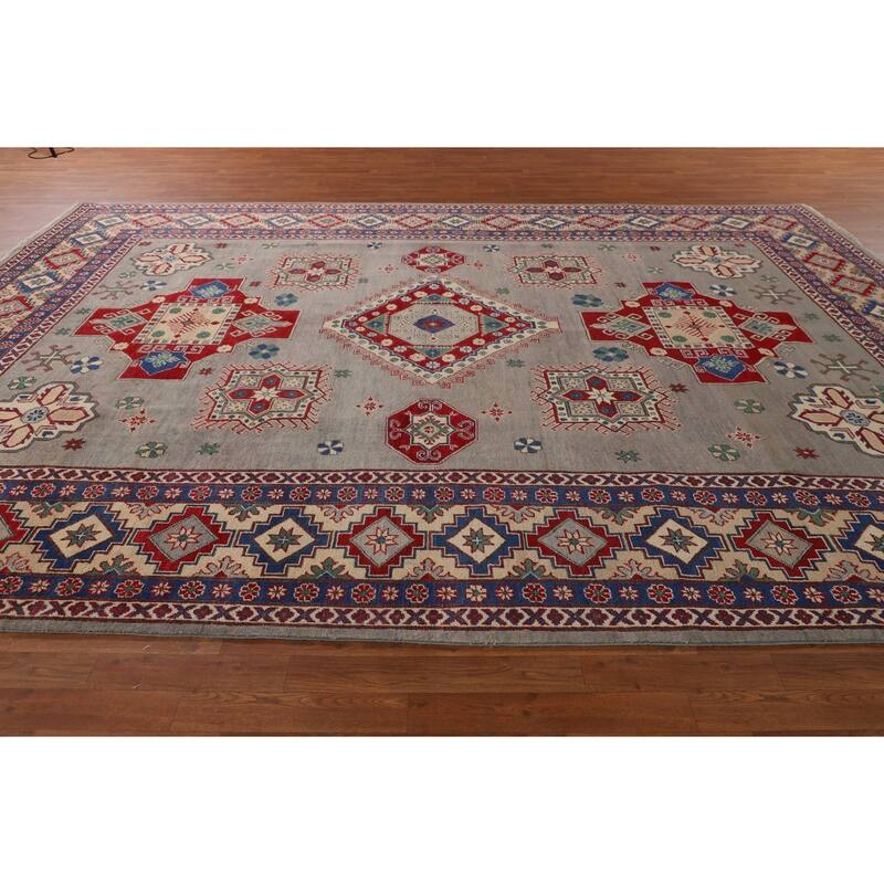Geometric Kazak Large Area Rug Handmade Wool Carpet - 9'7" x 13'7"