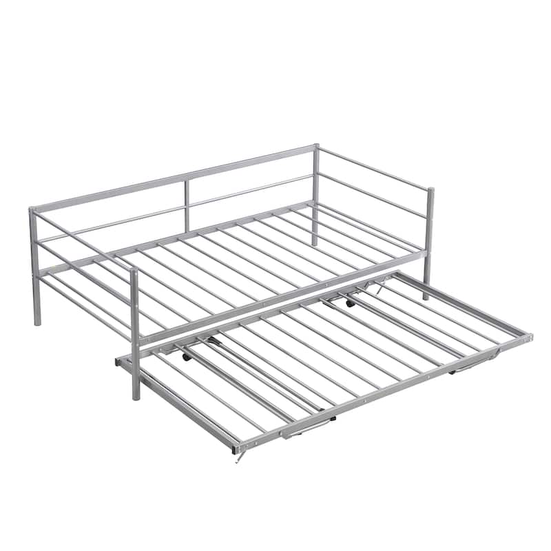 Silver Twin Metal Daybed, Sofa Bed Frame with Pop Up Trundle for Kids