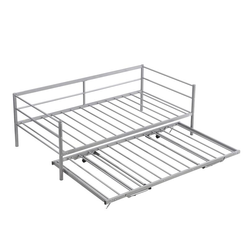 Twin Size Steel Daybed with Adjustable Trundle, Living Room Twin Sofa Bed, Heavy Duty Metal Bed Frame with Pop Up Trundle