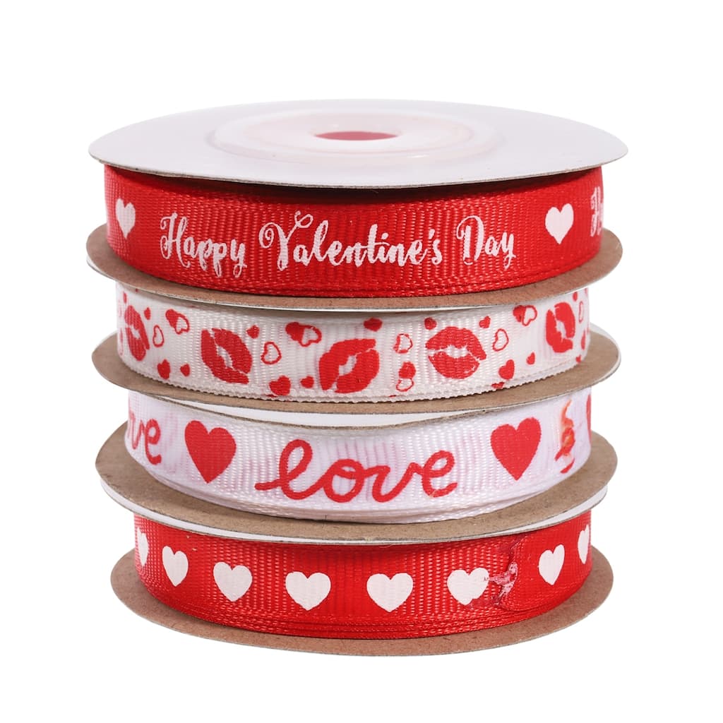 4 Roll Valentine Ribbons 10 Yards 0.4" Grosgrain Ribbon Heart LOVE Red Lips - Red, White