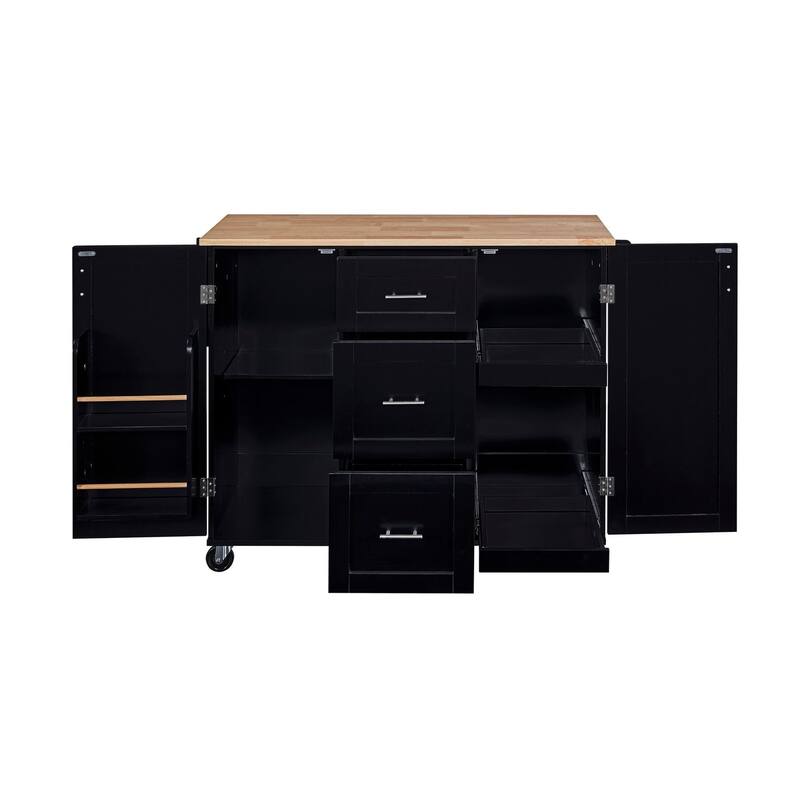 Rubberwood Kitchen Cart with Internal Storage Rack, Spice Rack, 2 Slide-Out Shelf, and 3 Drawer