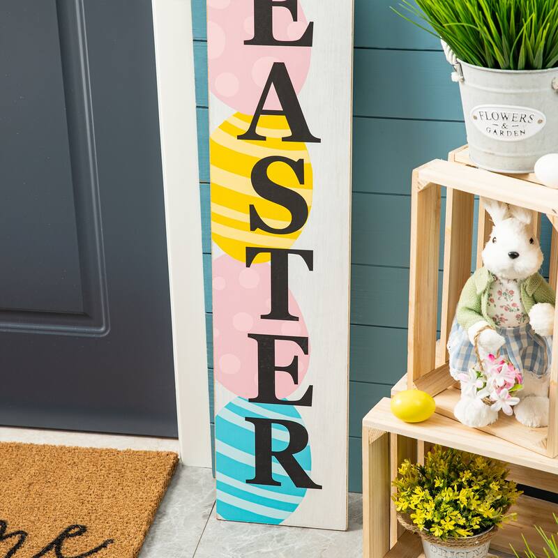 Glitzhome Easter Wooden Bunny Family Standing Decor Porch Sign with Wreath Welcome Wall Decor Party Supplies Props