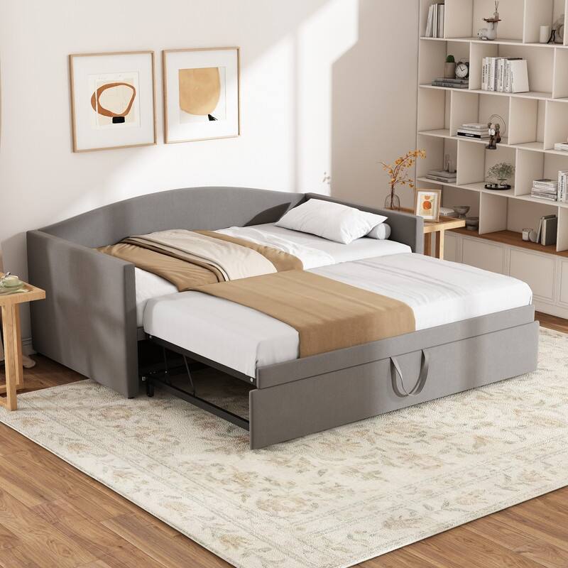 Twin Size Velvet Upholstered Daybed with Extended Pop Up Trundle Bed Convertible King Sofa Bed Frame, Space-Saving Twin to King - Gray - Twin