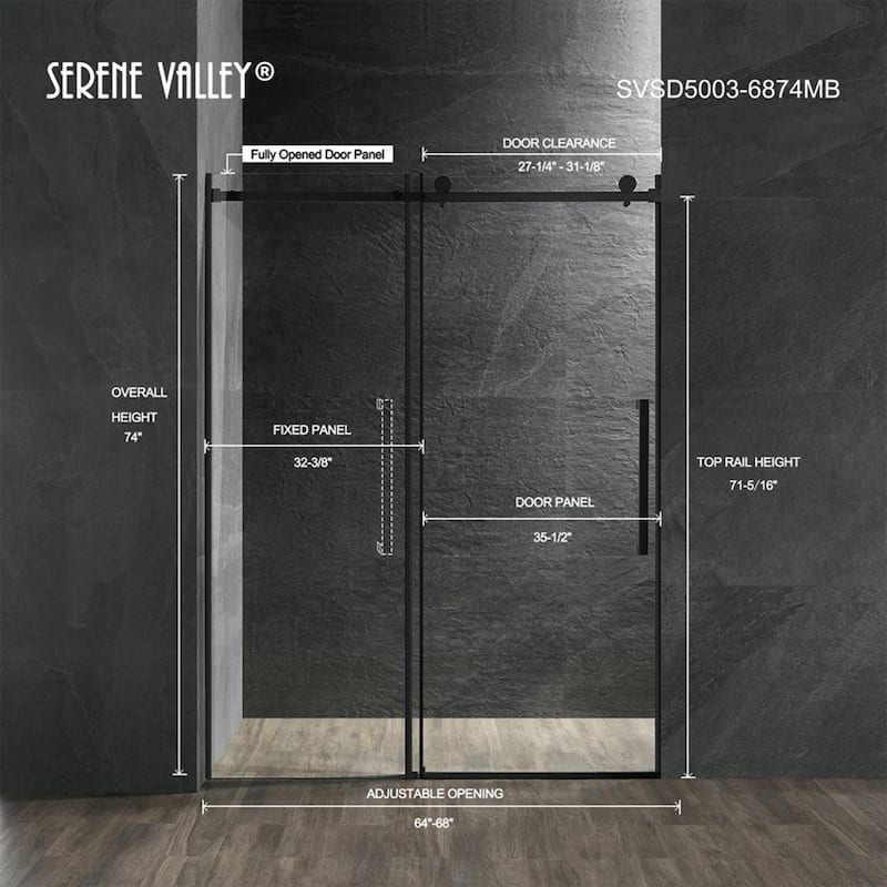 Serene Valley 68 x 74 Inch Square Rail Frameless Sliding Shower Door, Black - 68 x 74 inches