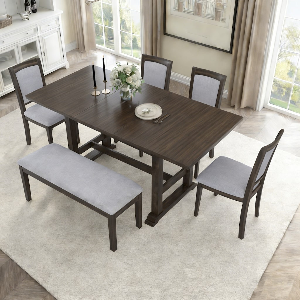 76.9" Extendable Dining Table with 4 Upholstered Chair and 1 Bench