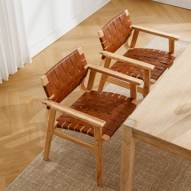 Woven Leather Dining Chairs with Solid Wood Frame - 29.7"H x 21.7"W x 22.8"D