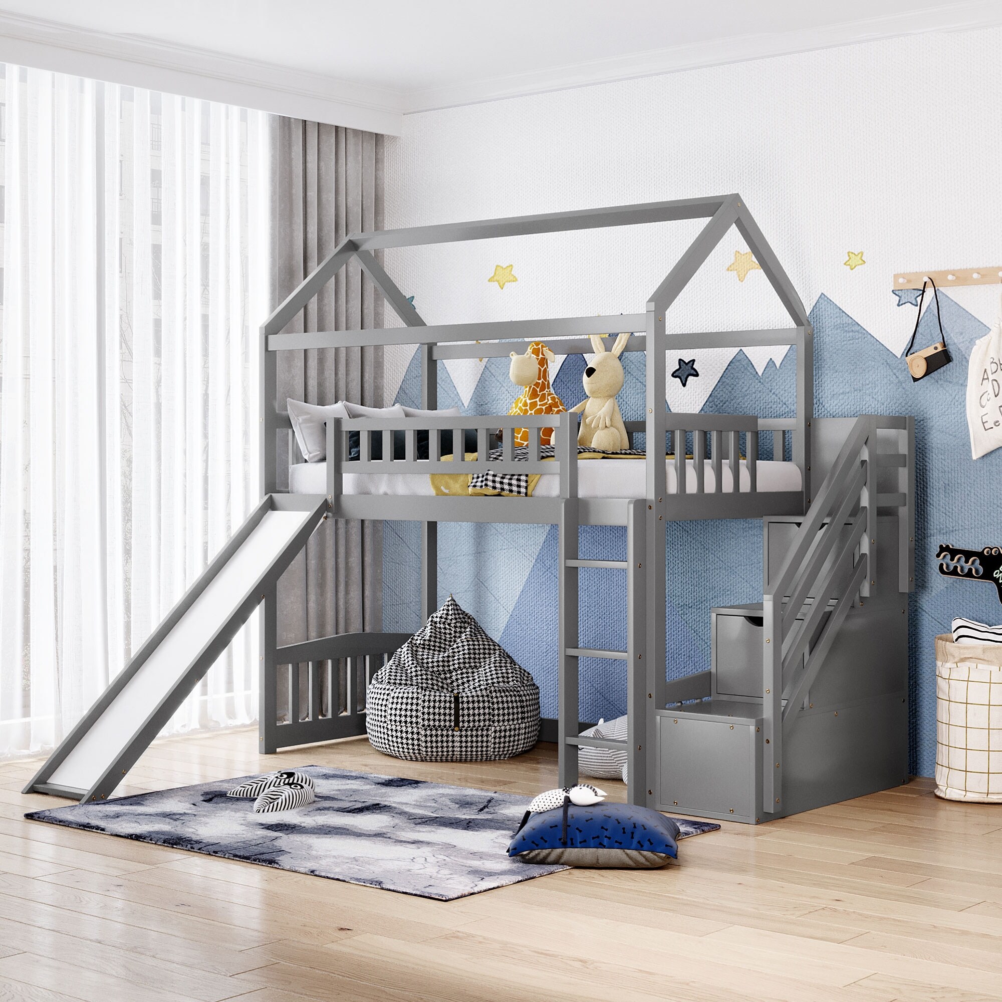 Solid Pine Twin Size House Loft Bed with 2 Drawers & Slide - Bed