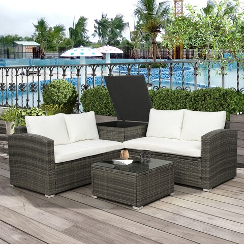 4 Piece Outdoor Patio Rattan Sectional Sofa Set with Cushion Beige