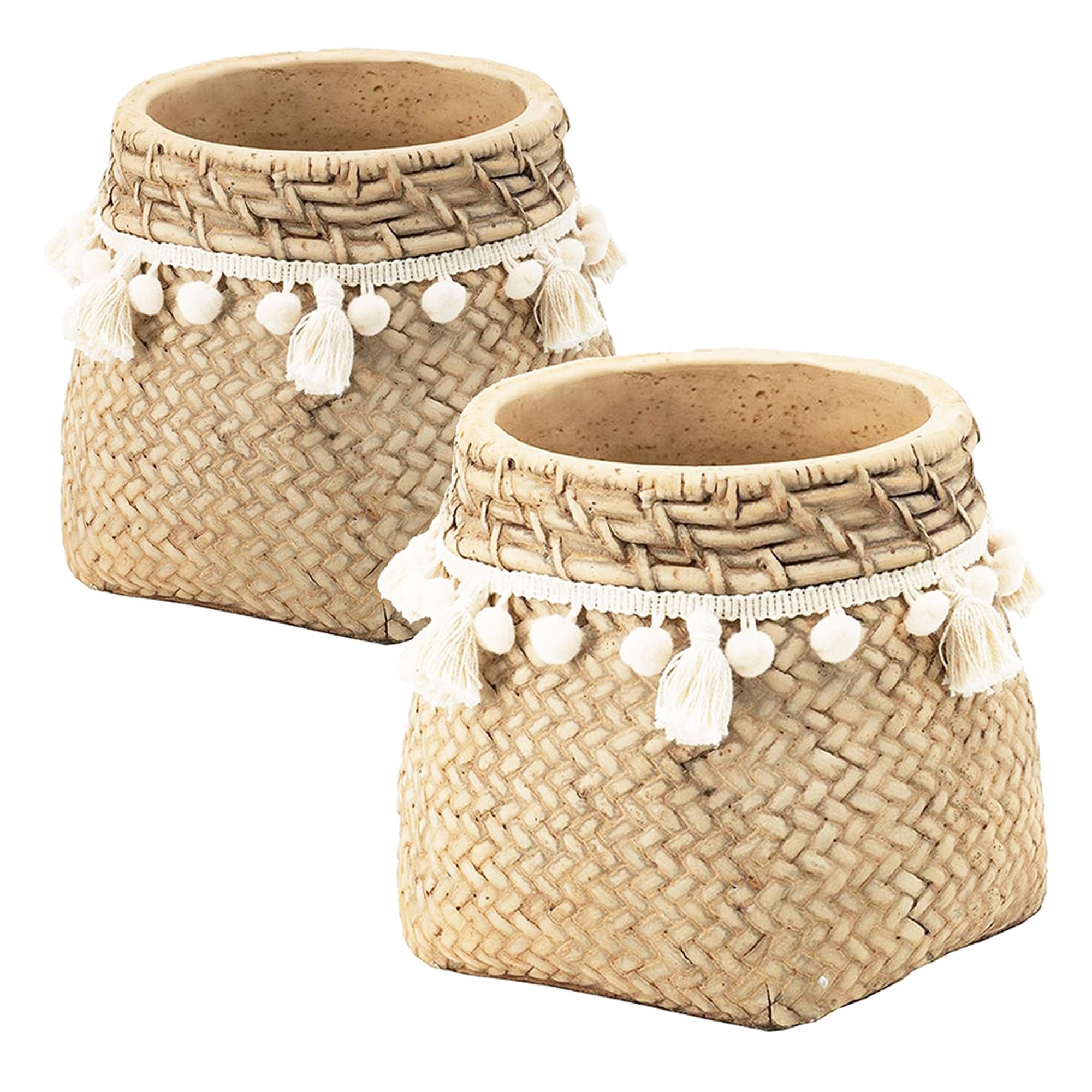 Set of 2 Boho Brown Cement Tabletop Planter with Woven Tassel - 6.5x6.5x6"