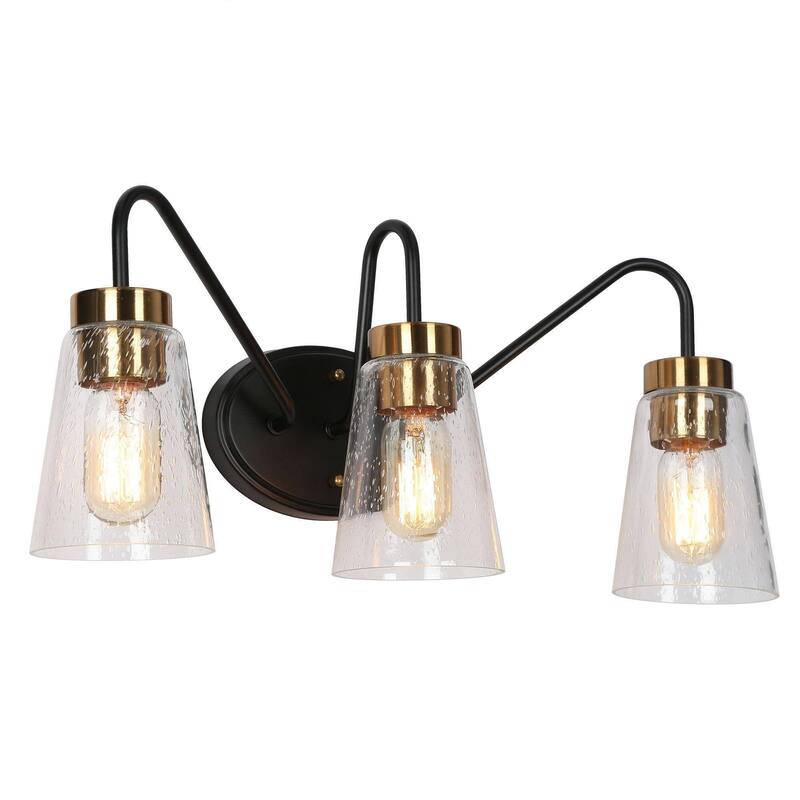 Modern Black Gold Bathroom Vanity Light Wall Sconces with Seeded Glass - 3-Light