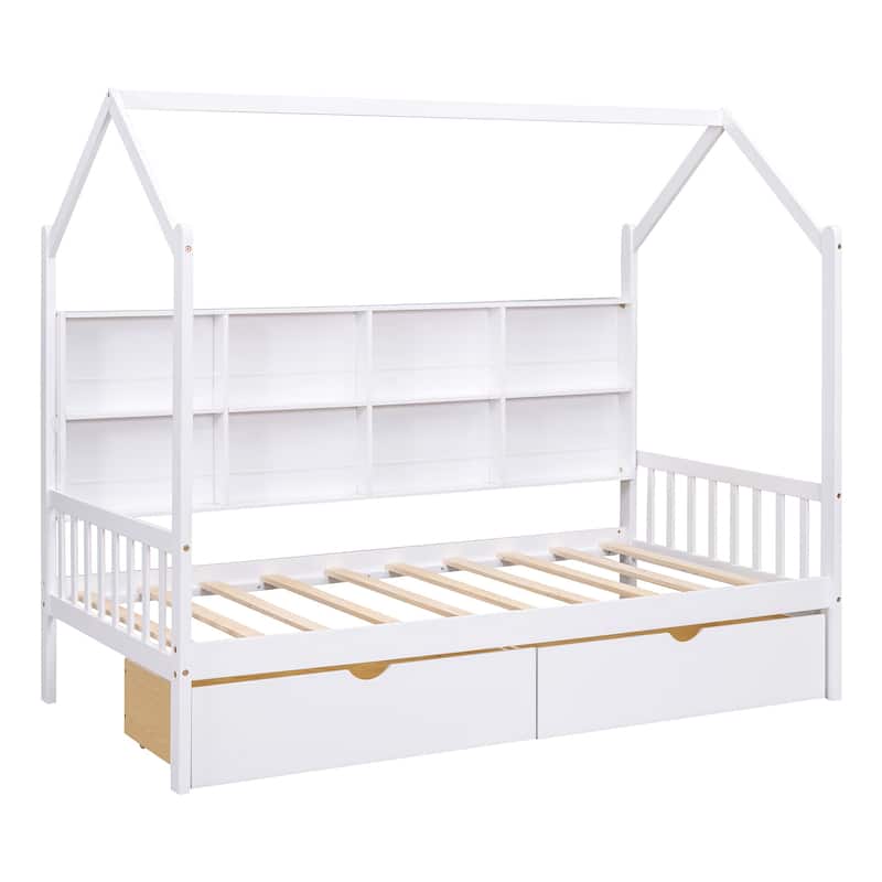Wooden Twin Size House Bed with 2 Drawers,Kids Bed with Storage Shelf