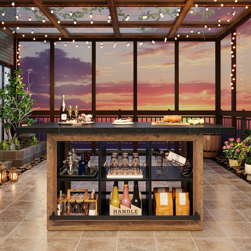 Counter Height Bar Table with Storage, Home Bar Cabinet Unit, Large Pub Table Kitchen Dining Room Accent Bar Console