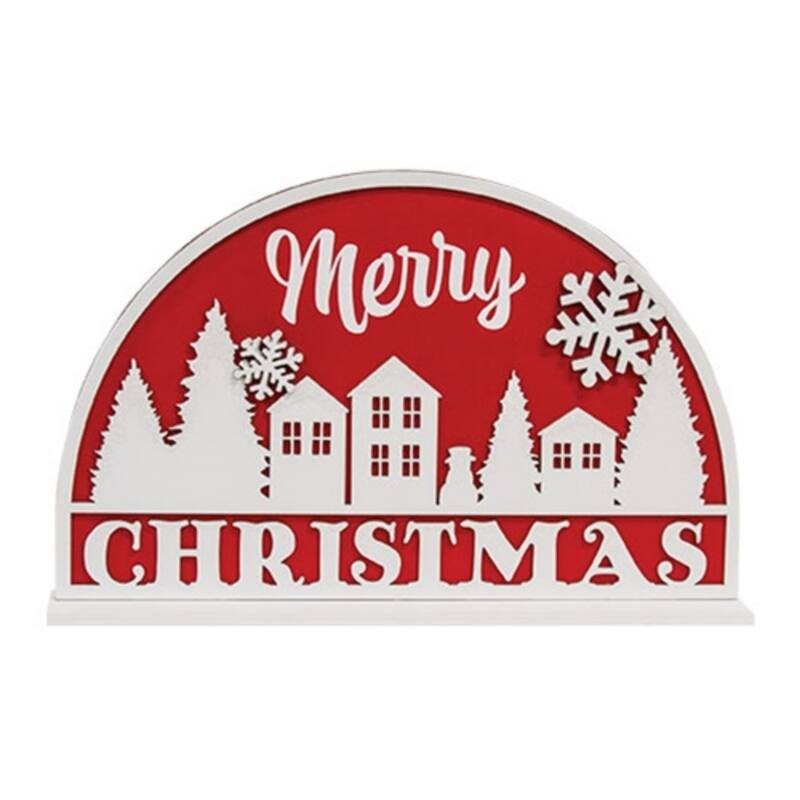 Red White Wooden Merry Christmas Village Sign with Snowflake Decor - 13 x 2 x 8.50 in. - White-Red