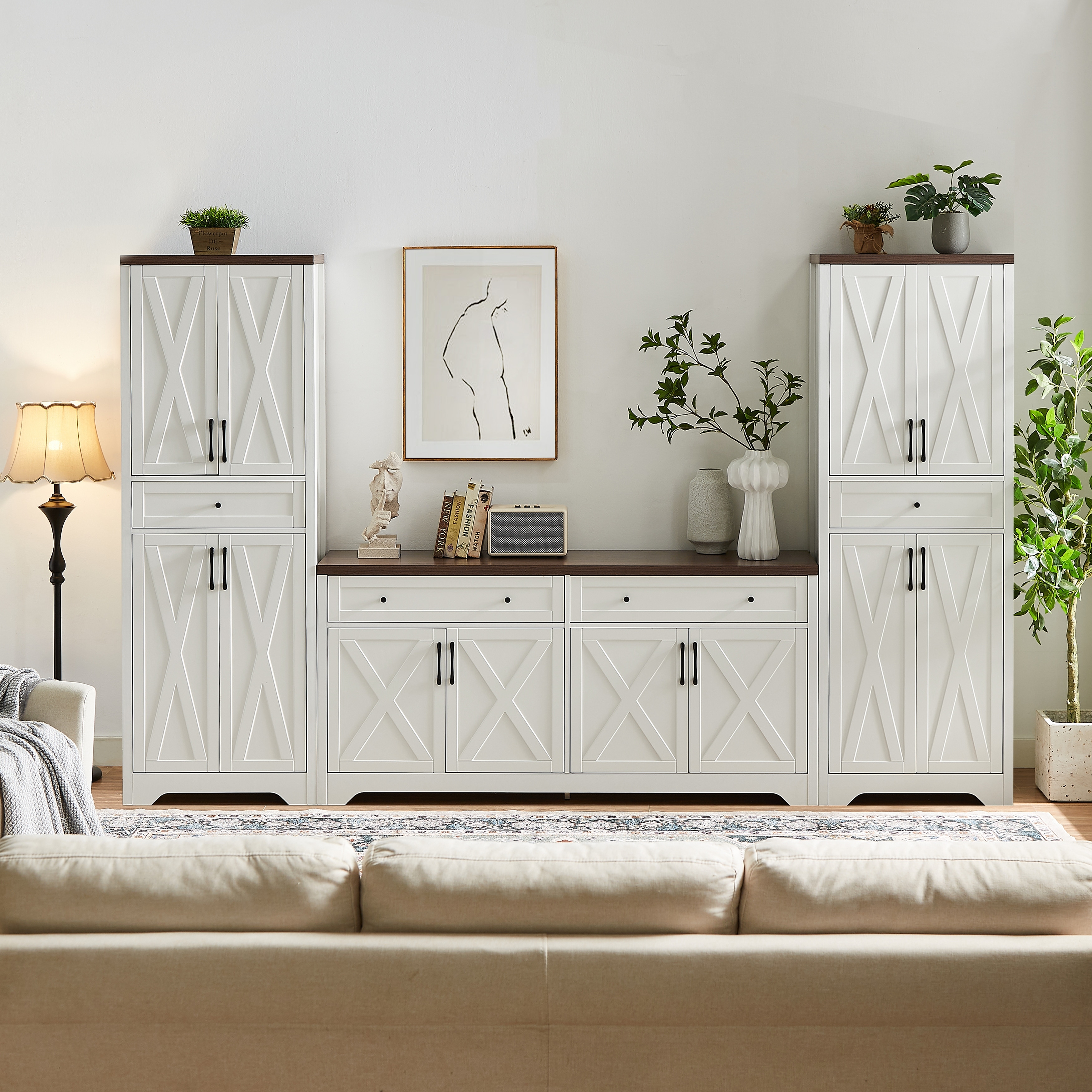 Modern Multi-Functional TV Stand Set, Modular TV Stand with 1 TV Stand and 2 Side Cabinets, for Living Rooms, White+Walnut