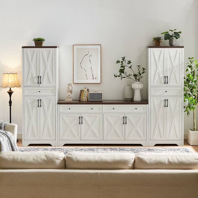 Modern Multi-Functional TV Stand Set, Modular TV Stand with 1 TV Stand and 2 Side Cabinets, for Living Rooms, White+Walnut - White