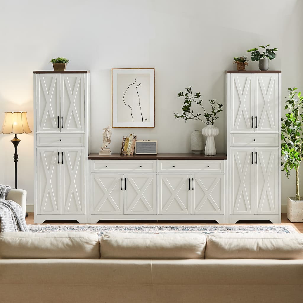 TV Cabinet Set Multifunctional TV Wall, One TV Cabinet and Two Sideboards
