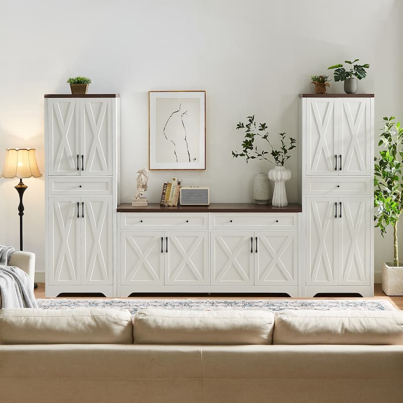 TV Cabinet Set Multifunctional TV Wall,One TV Cabinet and Two Sideboards for Living Room,108.7''L x 15''W x 68''H. - White+Walnut