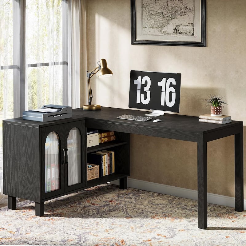 L Shaped Desk with Storage Cabinet, 59'' Corner Computer Desk Office Desk