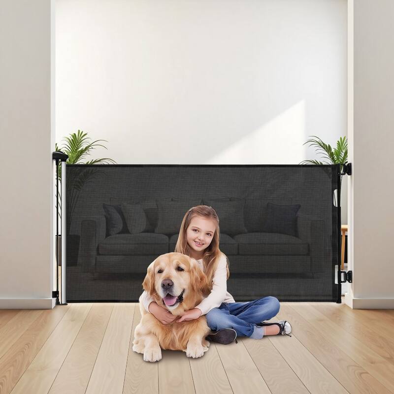 Retractable Baby Gate with Escape-Proof Bottom Hook and Mesh Design for Kids and Pets Safety