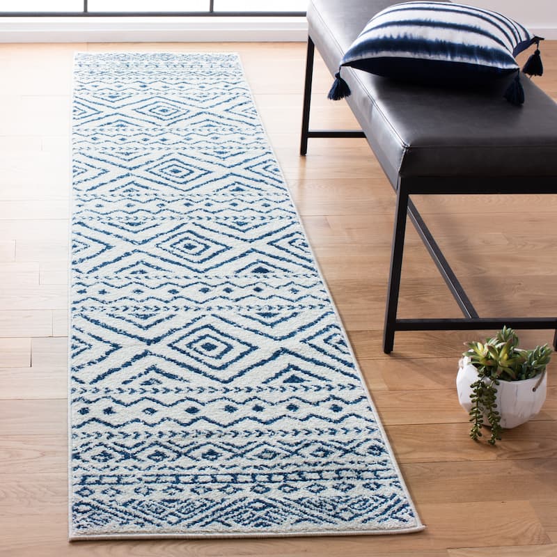 SAFAVIEH Tulum Vassilia Moroccan Boho Distressed Rug - 2' x 13' Runner - Ivory/Navy
