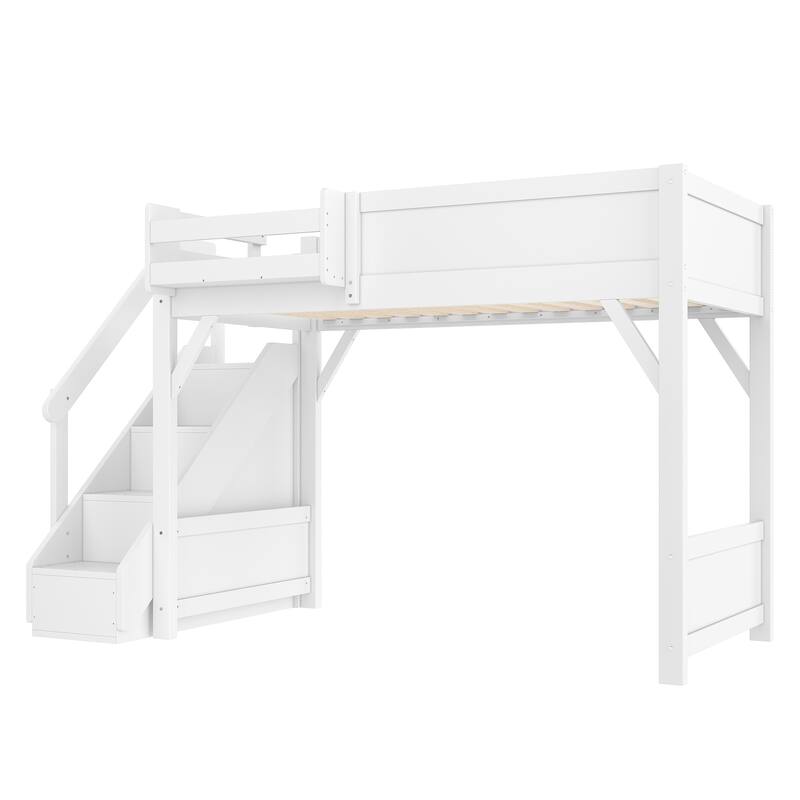 Kids Solid Wood Loft Bed Frame with Built-in Wardrobe, Storage Shelves, Full-length Guardrails and Stairs, No Box Spring Needed