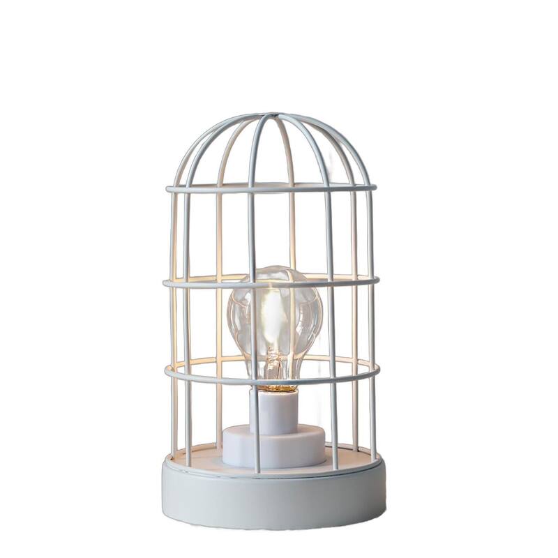 HomeRoots 10" White Battery Operated Lamp With Cage Cylinder Shade - 5.50 in. x 10.00 in. x 5.50 in.