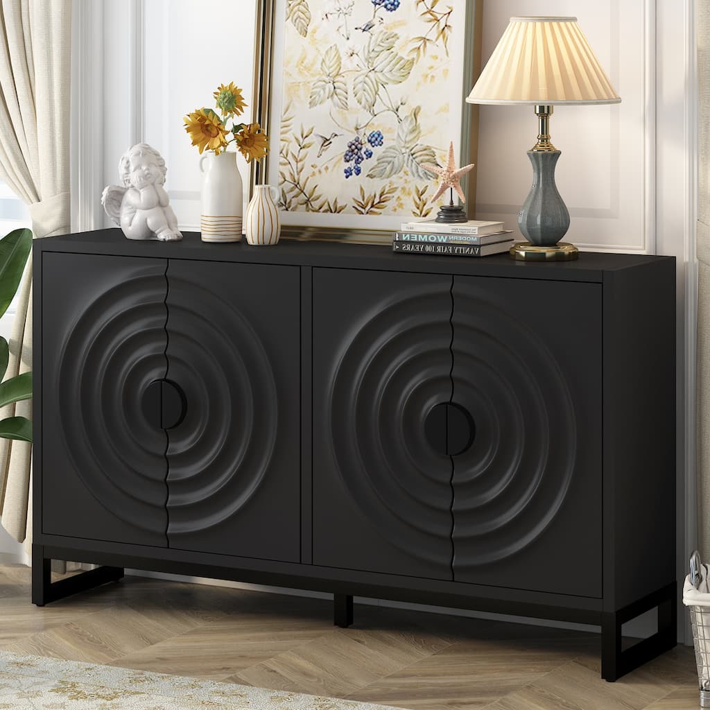 Sideboard with Wave Door Design, Kitchen Buffet Cabinet with Adjustable Shelves, Coffee Bar Cabinet with Iron Handle and Legs